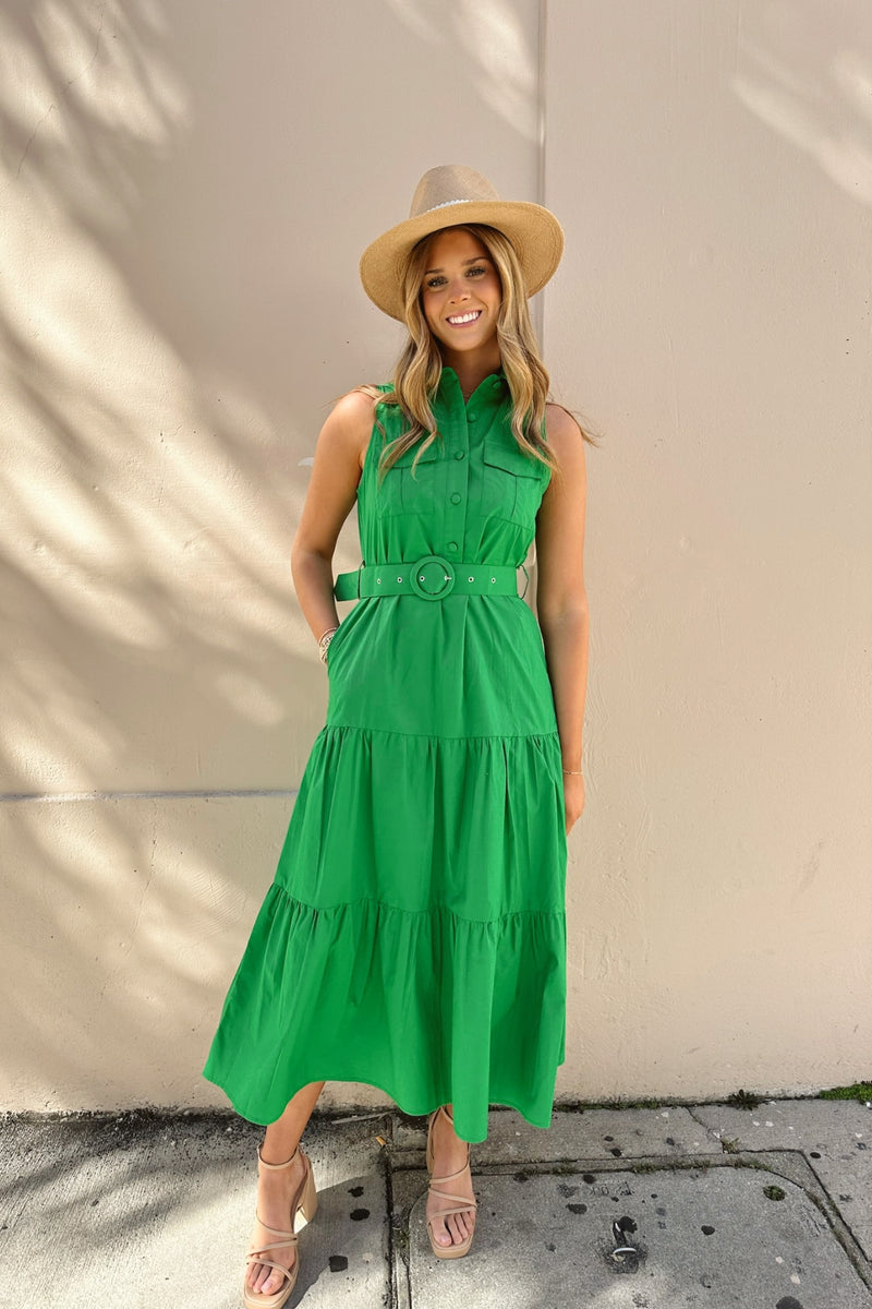 KELLY GREEN BELTED MIDI DRESS