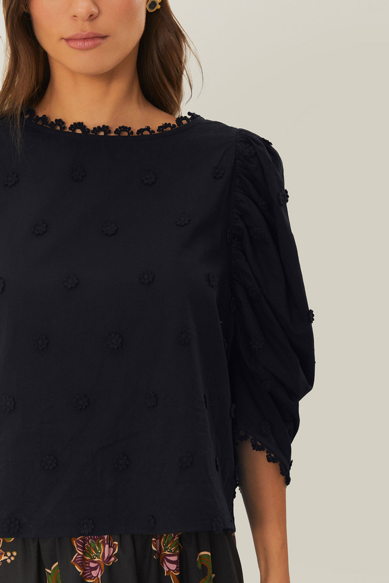 FARM RIO | BLACK 3D FLOWERS TOP